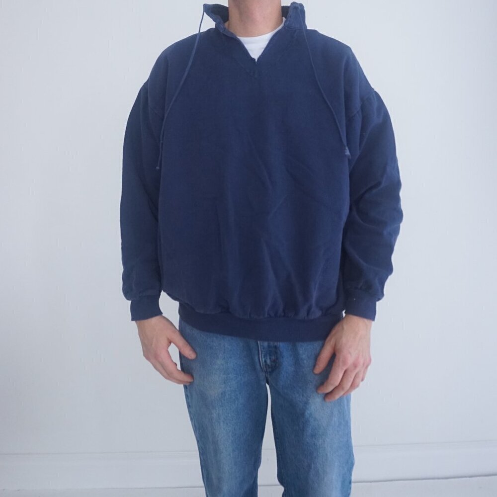 Vintage '90S Wek Navy Denim Boxy Collared Light Weight Sweater Medium (2)